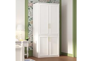 ECACAD Wardrobe Armoire with 4 Doors, 3-Tier Shelves & Hanging Rod, Wooden Closet Storage Cabinet for Bedroom, White (30.2”W x 19.3”D x 74.8”H)