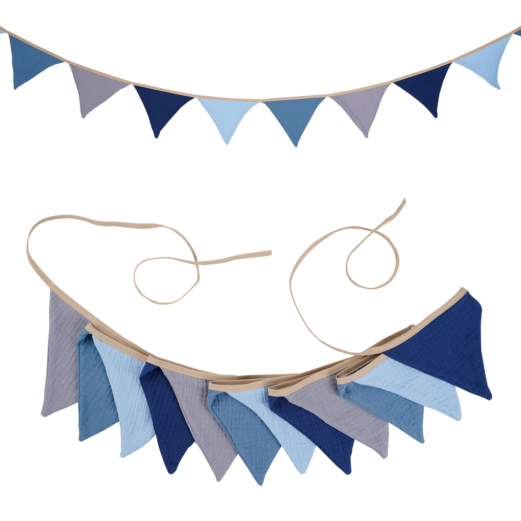 G2PLUS Muslin Fabric Bunting for Nursery: 12PCS Double Side Cloth Triangle Banner, Blue and Grey Cotton Bunting Banner for Baby Room, Nursery, Baby Shower Decor, 2.8m