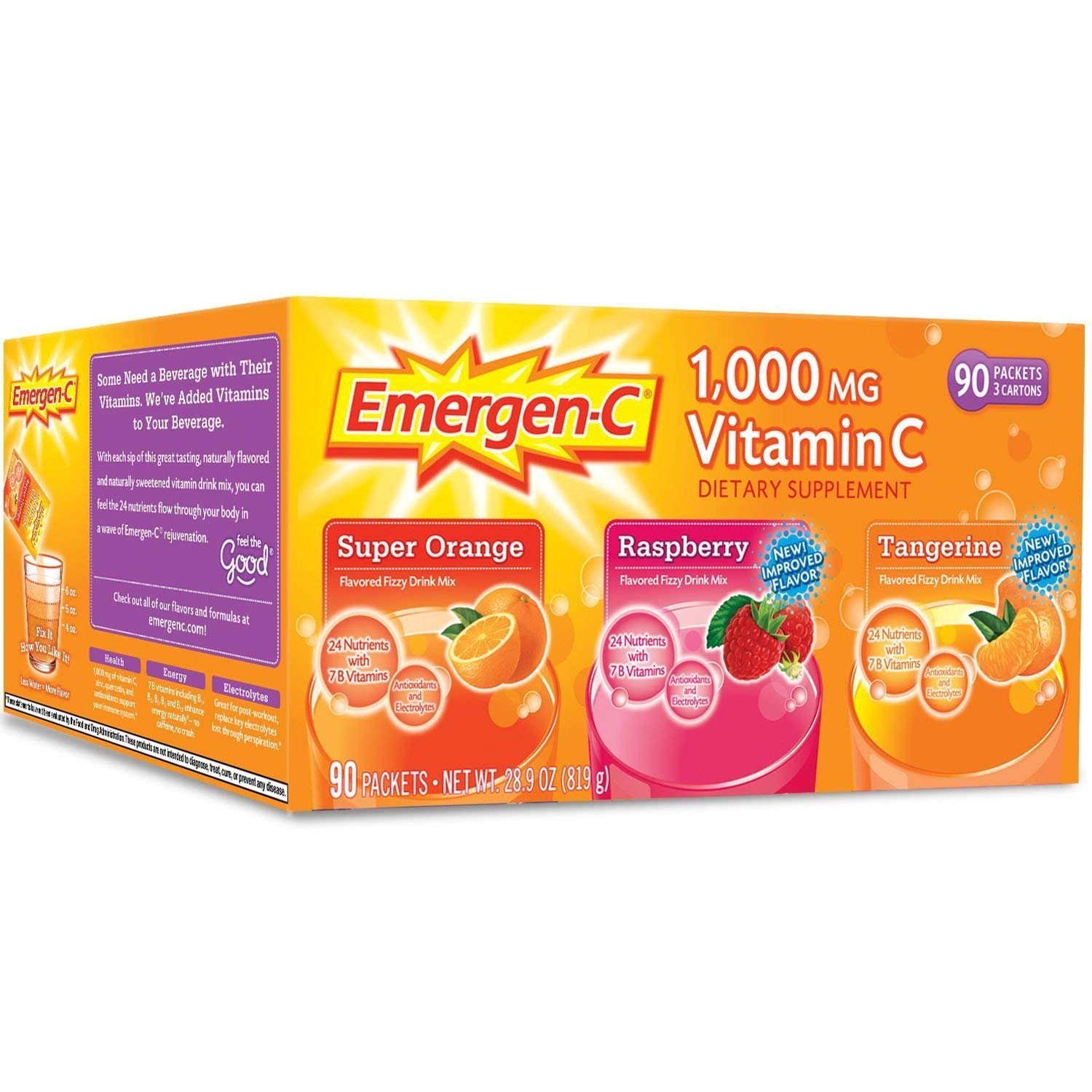 Emergen-C 1, 000 mg Vitamin C Dietary Supplement Drink Mix, Super Orange/Raspberry/Tagerine, 90 Packets : Nutrition Beverages : Grocery & Gourmet Food