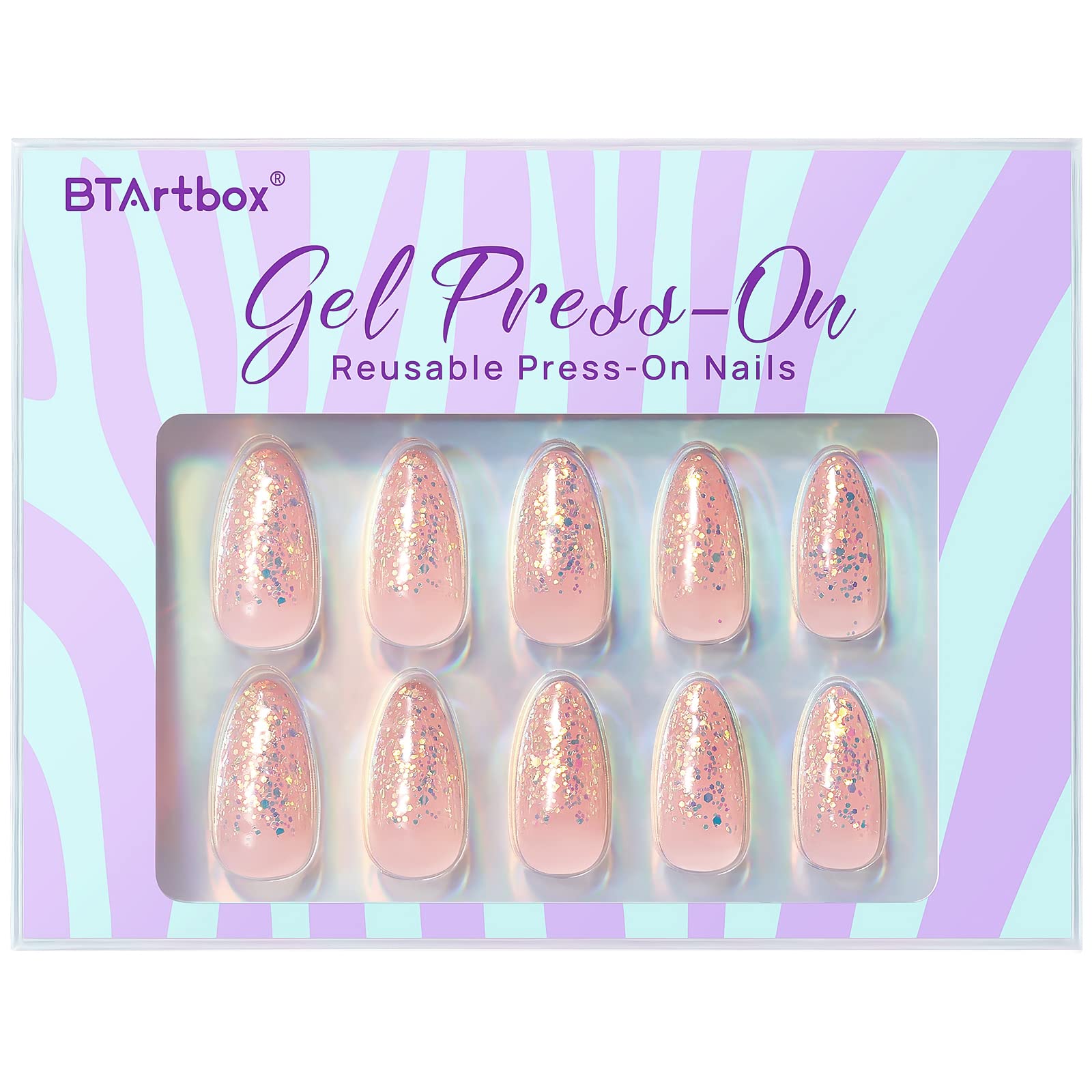 BTArtbox Press On Nails Medium- Christmas Supremely Fit & Natural Soft Gel Glue On Nails with Nail Glue, Reusable Stick On Nails in 15 Sizes - 30 Fake Nails Kit, Pink Sparkle - Image 3