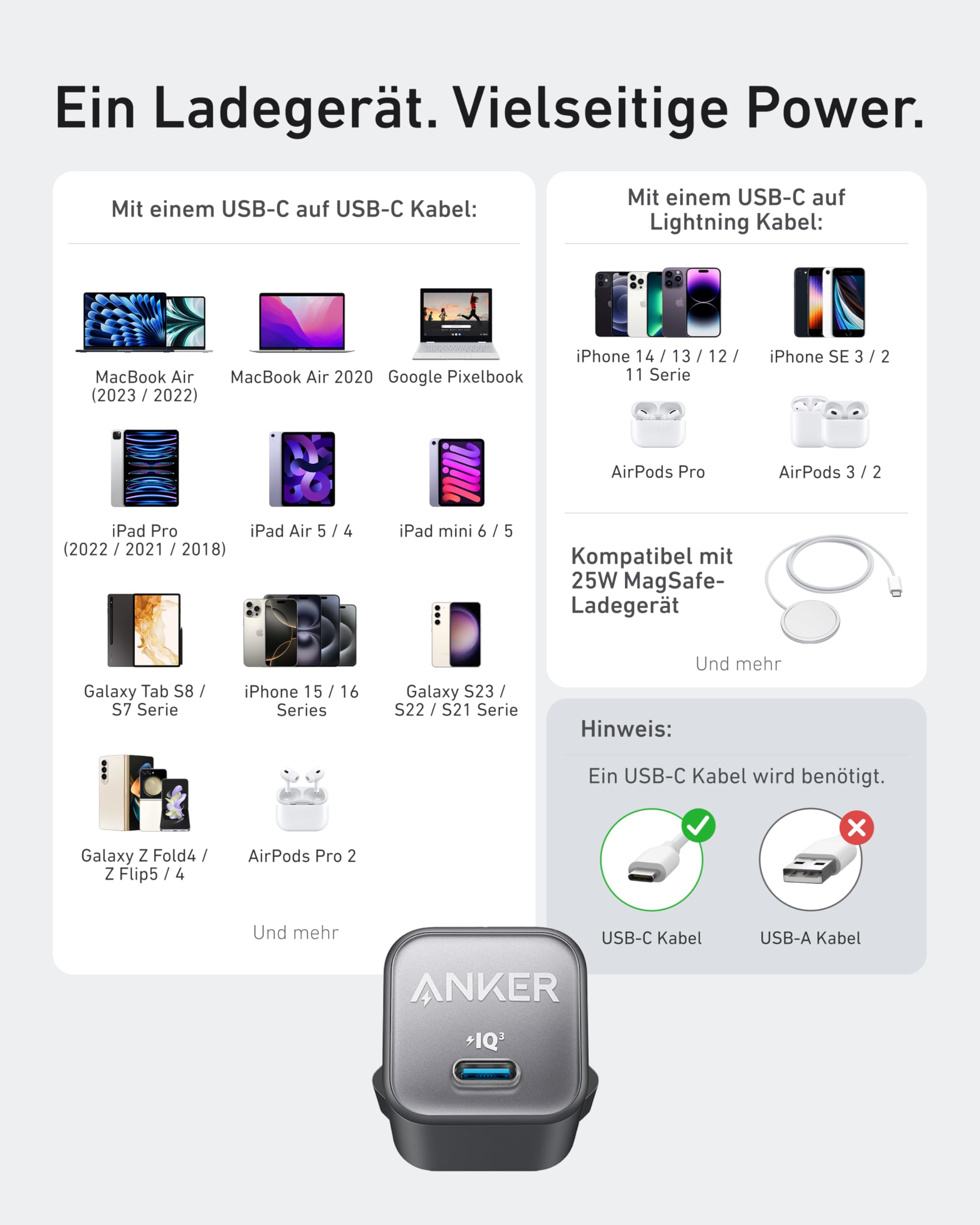 Anker 30W USB C Ladegerät, GaN 511 Nano 3, PIQ 3.0 PPS Schnellladegerät für iPhone 17/Pro/Pro Max/iPhone Air/16/15, Galaxy, Pixel 4/3, iPad (Ohne Ladekabel) 6