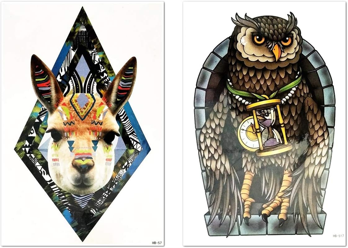 PARITA Big Tattoos 2 Sheets Owl Rabbit Native American Indian Chief Cartoon Tattoo Fake Body Chest Shoulder Arm Leg Design Temporary Waterproof Tattoos Fun Party for Man Women (02)