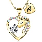 IEFRICH Valentines Gifts for Kids Girls Unicorn Necklace - Colorful CZ Heart Initial Necklaces Unicorn Necklace for Girls Jewelry Birthday Gifts for Little Girl Kids