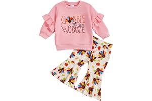 Cevoerf Thanksgiving Baby Girl Outfit - Embroidery Gobble Shirt Turkeys Bell Bottom Pant Toddler Girl Thanksgiving Clothes