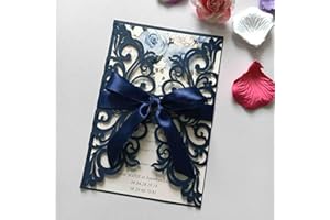 GENERIC 25PCS Pearl Navy Blue Laser Cut Wedding Invitations Cards with Envelopes,Blank Inner Sheets,Ribbons for Wedding Bridal Shower Quinceañera Engagement Birthday Invites