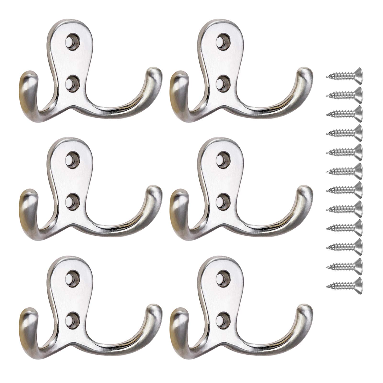 THSIREE 6 PCS Double Prong Robe Hook, Chrome Dual Coat Hooks, Metal Door Hooks Cloth Hanger with Screws Hanging Clothes Robe Towel for Bathroom Bedroom Door Wall (Silvery)