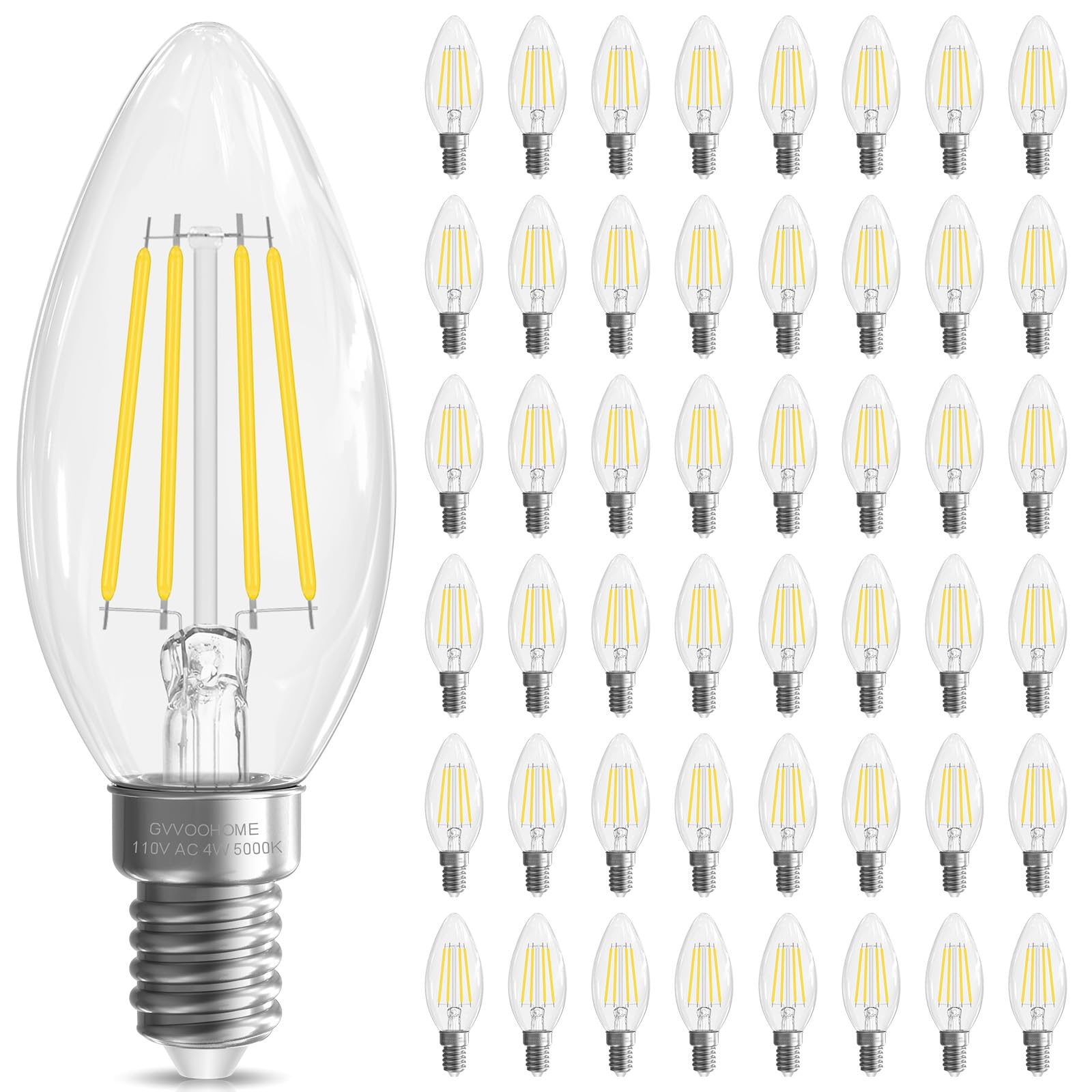 Photo 1 of ***INCOMPLETE SET***GvvooHome LED Candelabra Light Bulbs, E12 Bulb dimmable, 4W,40 watt Equivalent, Chandelier Light Bulbs, B10 Candle Bulb 5000K Daylight, 90+CRI, 400LM, Clear Glass, 48 Pack