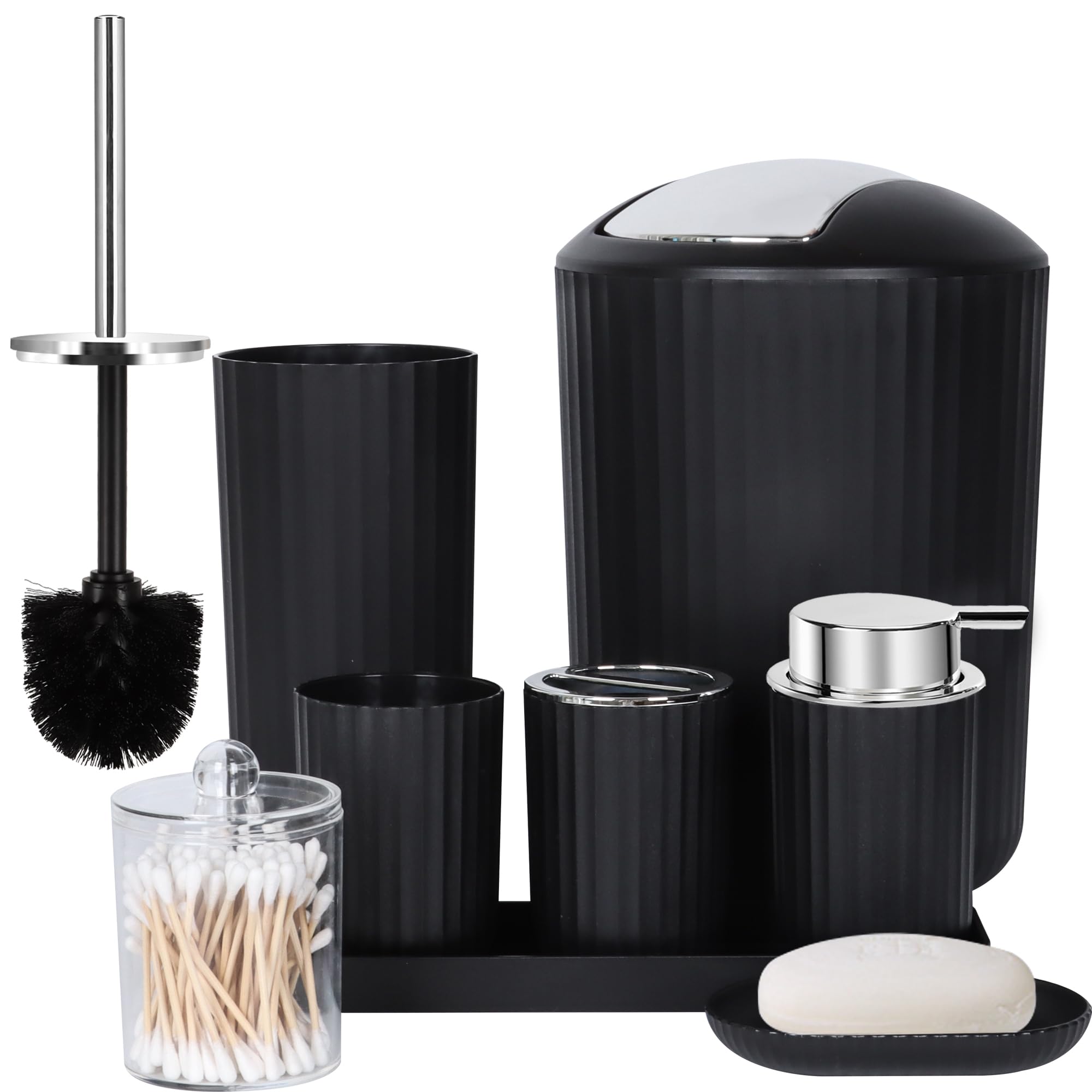 FEILANDUO Bathroom Accessories Sets Complete, 8 Pcs Bathroom Accessory Set with Trash Can, Soap Dispenser, Soap Dish, Toothbrush Holder, Toothbrush Cup, Toilet Brush and Qtip Holders,Vanity Tray,Black
