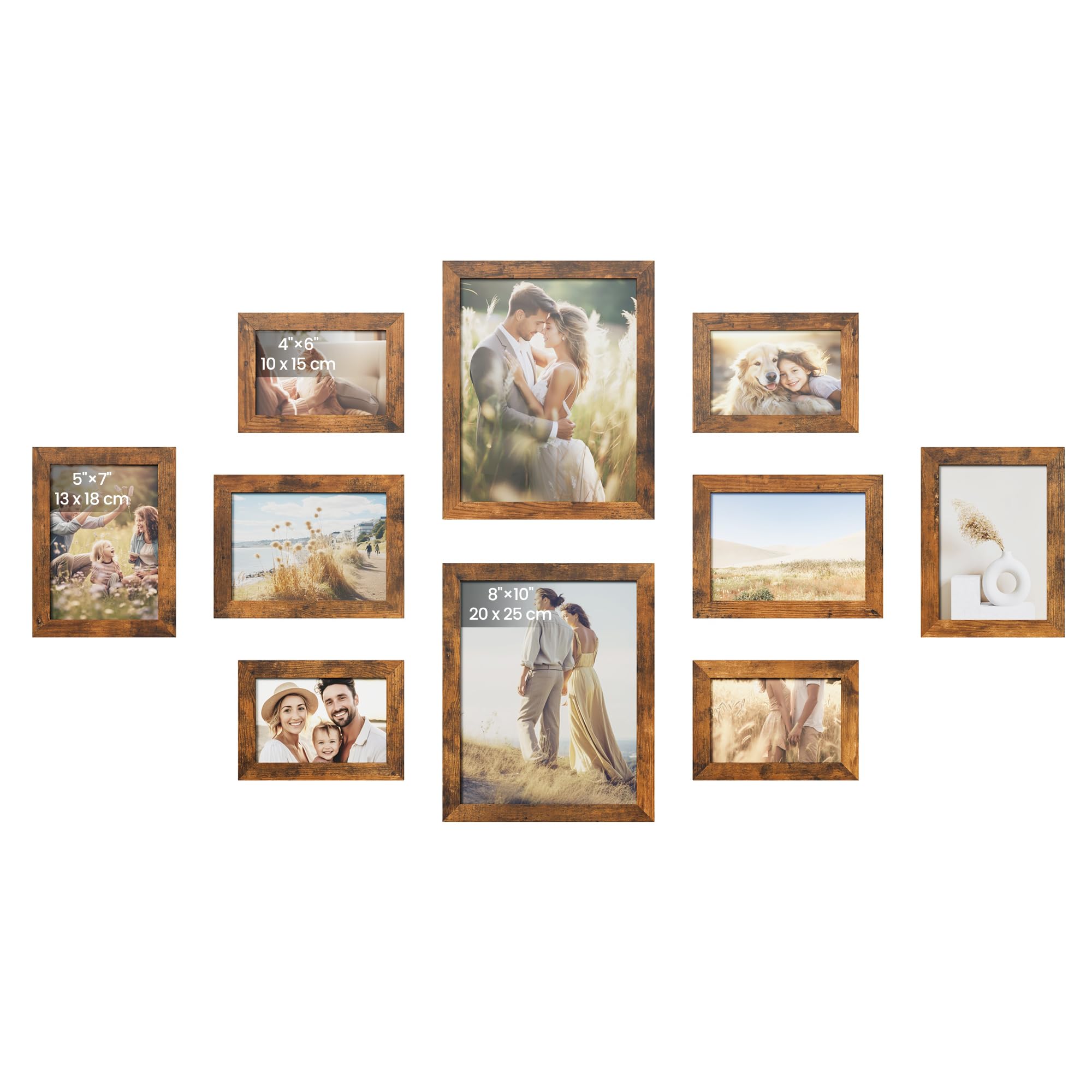 SONGMICS Set of 10 Picture Frames, Two 20 x 25 cm (8 x 10 Inches), Four 13 x 18 cm (5 x 7 Inches), Four 10 x 15 cm (4 x 6 Inches), Plastic Front, MDF, Rustic Brown RPF310X01