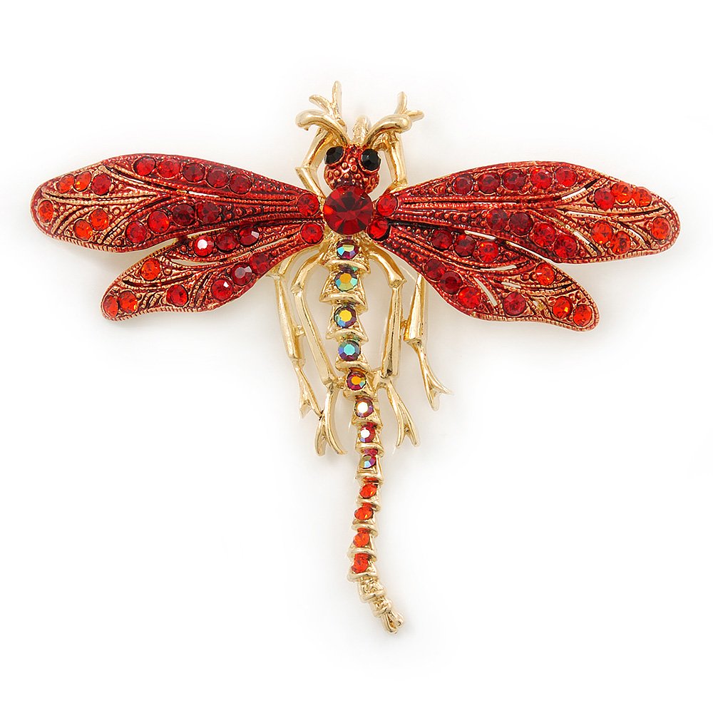 Red/Burgundy Diamante Dragonfly Brooch/Pendant In Gold Tone Metal - 70mm Across