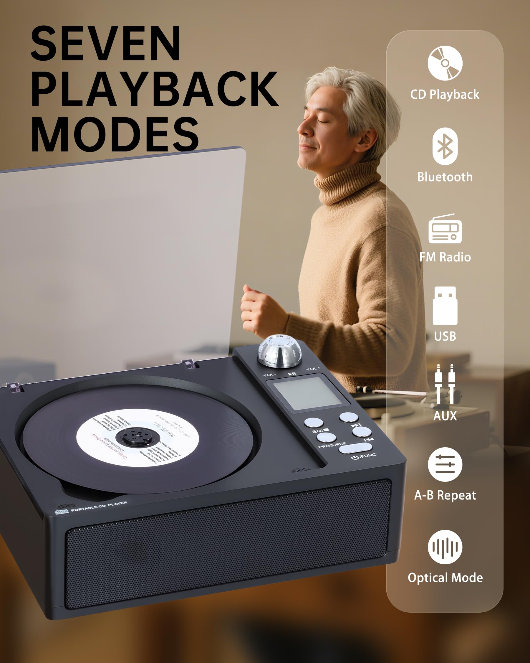 CD Player Portable with Bluetooth and Speakers: Rechargeable 4000mAh Battery, Bluetooth 5.3 Transmitter & Receiver, FM Radio, USB/TF/AUX, Optical Out, A-B Repeat - Home Audio Music Player