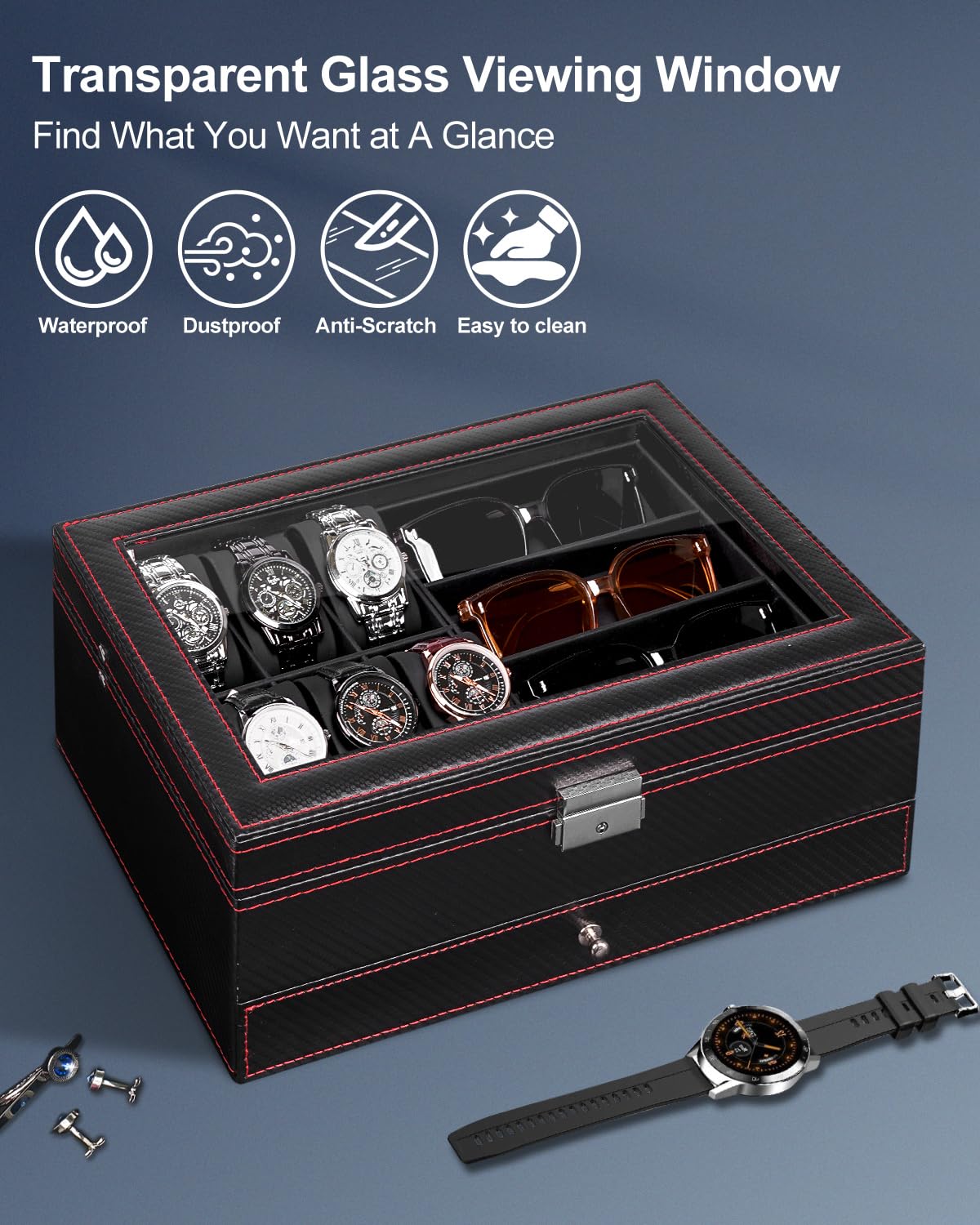 Jenseits Jenseits Watch Box for Mens Jewelry Box, 6 Slot Watch Case & 3 Slot Sunglasses Organizer, Lockable PU Leather Jewelry Organizer Watch Display Storage W/Drawer For Rings Bracelets, Gift for Men Women