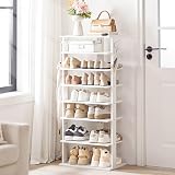 HOOBRO Narrow Shoe Rack Wooden 8-Tier with 2 Hooks White view 2