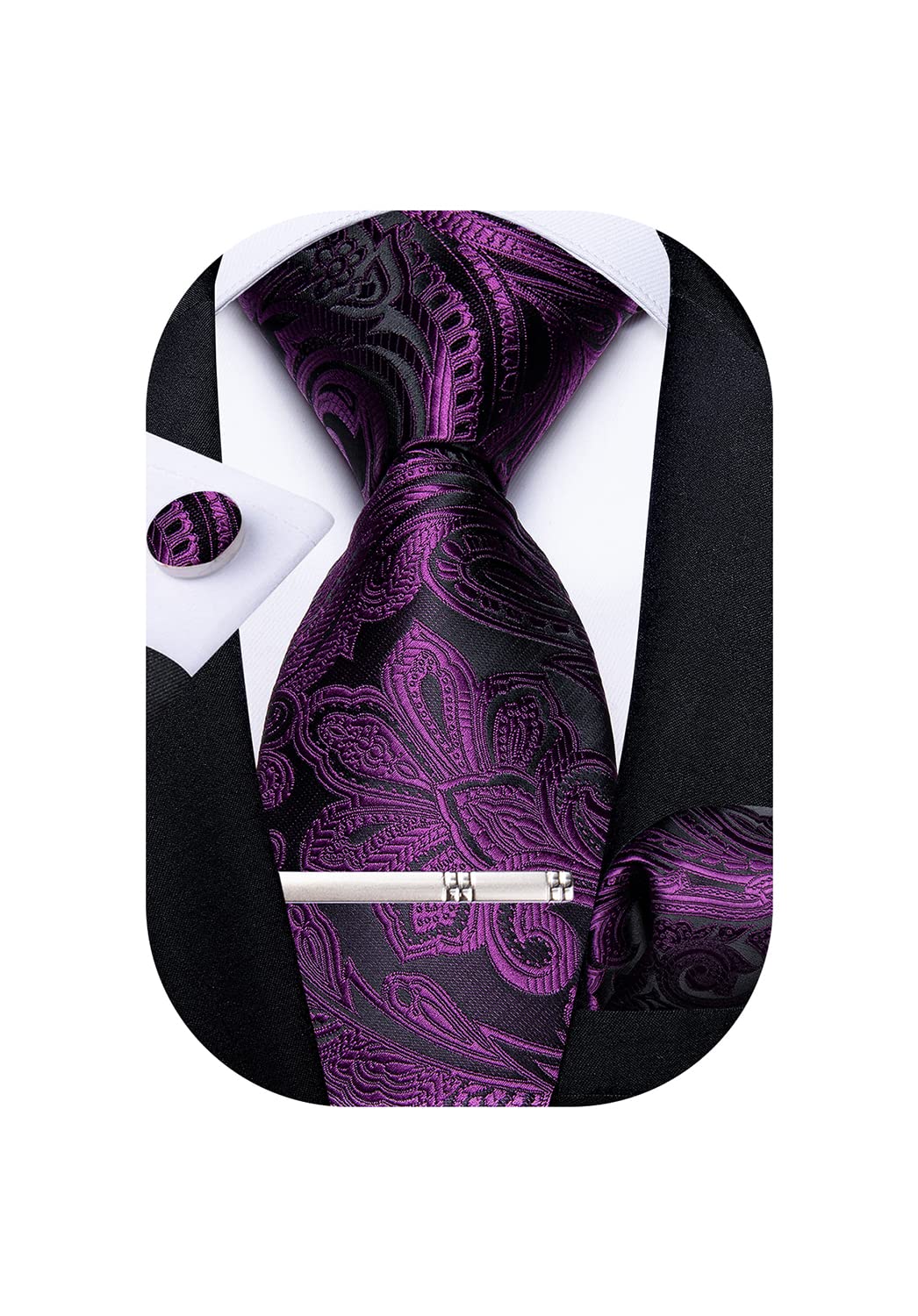 DiBanGu Purple Paisley Mens Tie Silk Necktie and Pocket Square Cufflinks Tie Clip Set Jacquard Woven Classic Formal Ties for Wedding