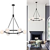 6-Light Globe Chandelier Mid Century Black Chandeliers,Modern Globe Round Pendant Light Fixture for Dining Room Over Table,Sp