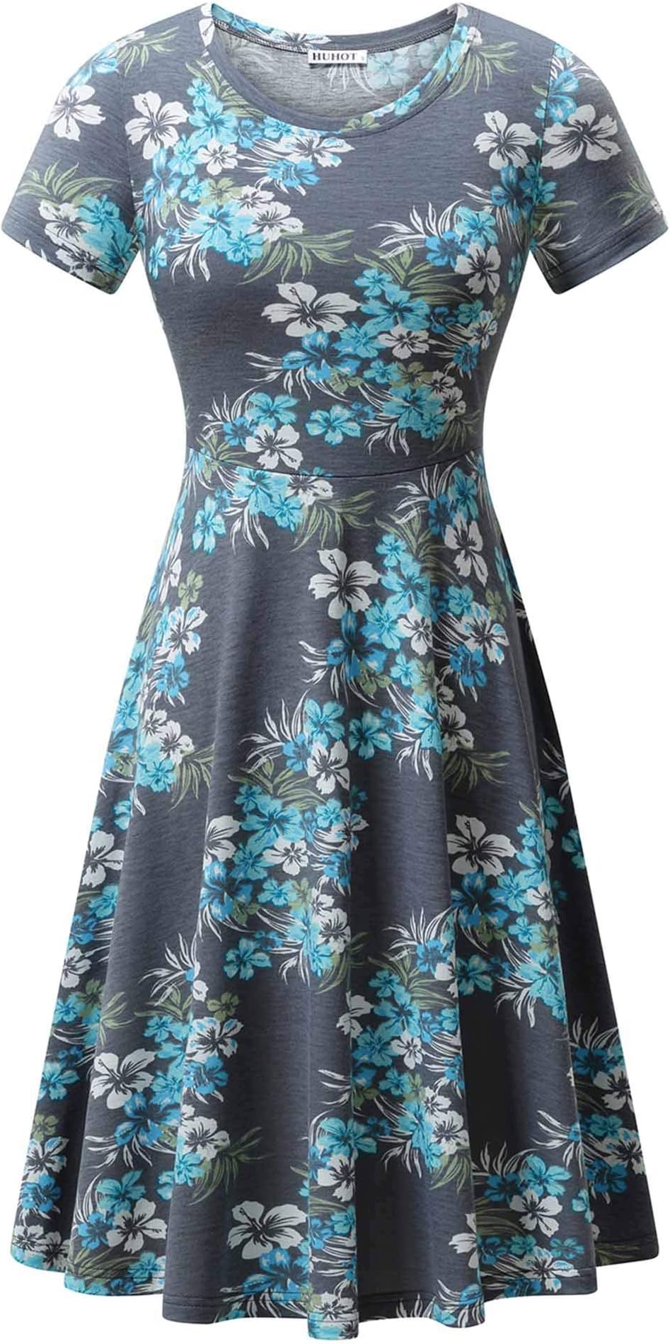 HUHOT Women Short Sleeve Round Neck Summer Casual Flared Midi Dress