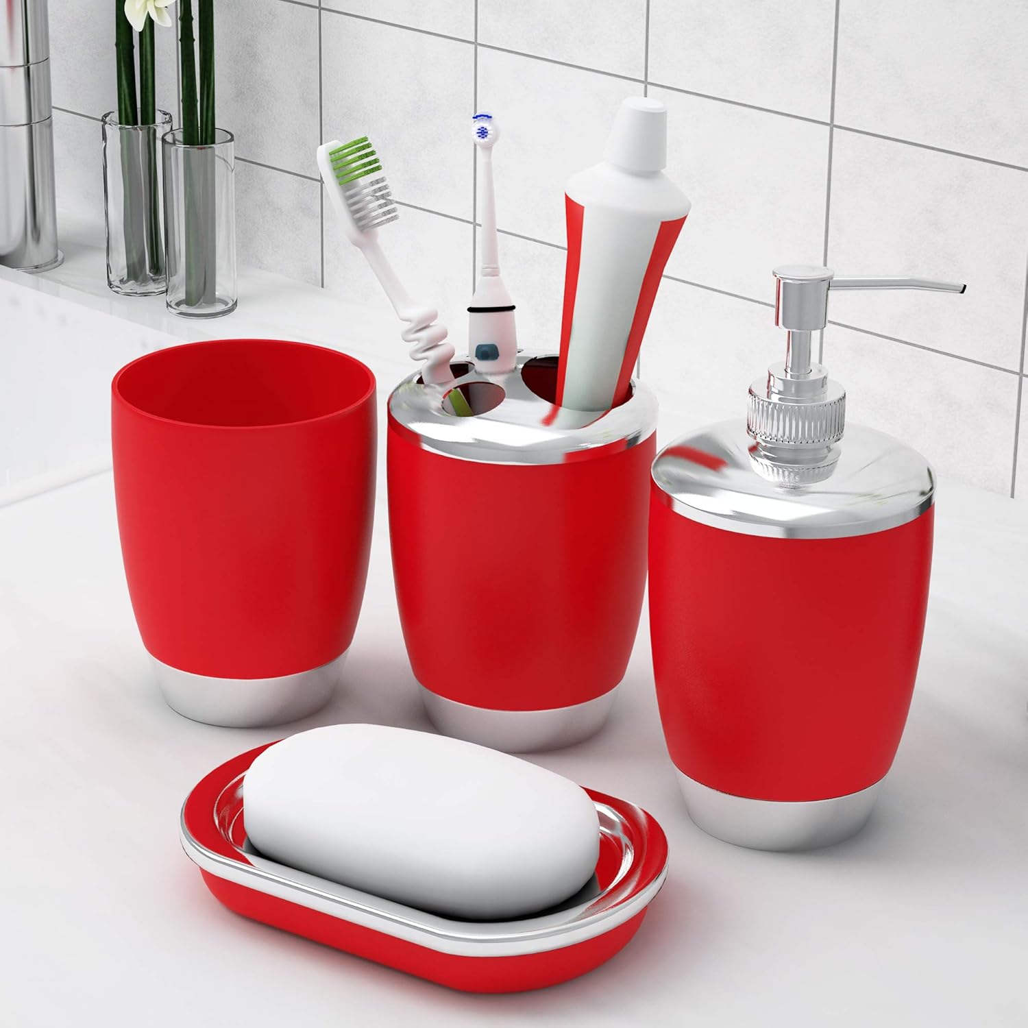 StoryHome Bathroom Accessories Set (4 Piece) with Toothbrush Holder