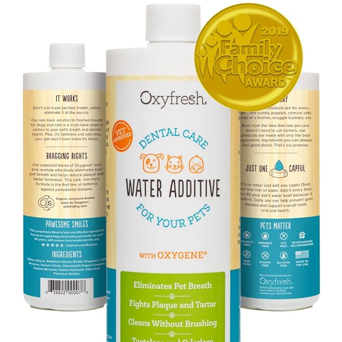 Oxyfresh Premium Pet Dental Care Solution: Best Way to Eliminate Bad Dog Breath & Cat Breath - Fights Tartar, Plaque & Gum Disease! - So Easy, just add to Water! Vet Recommended!