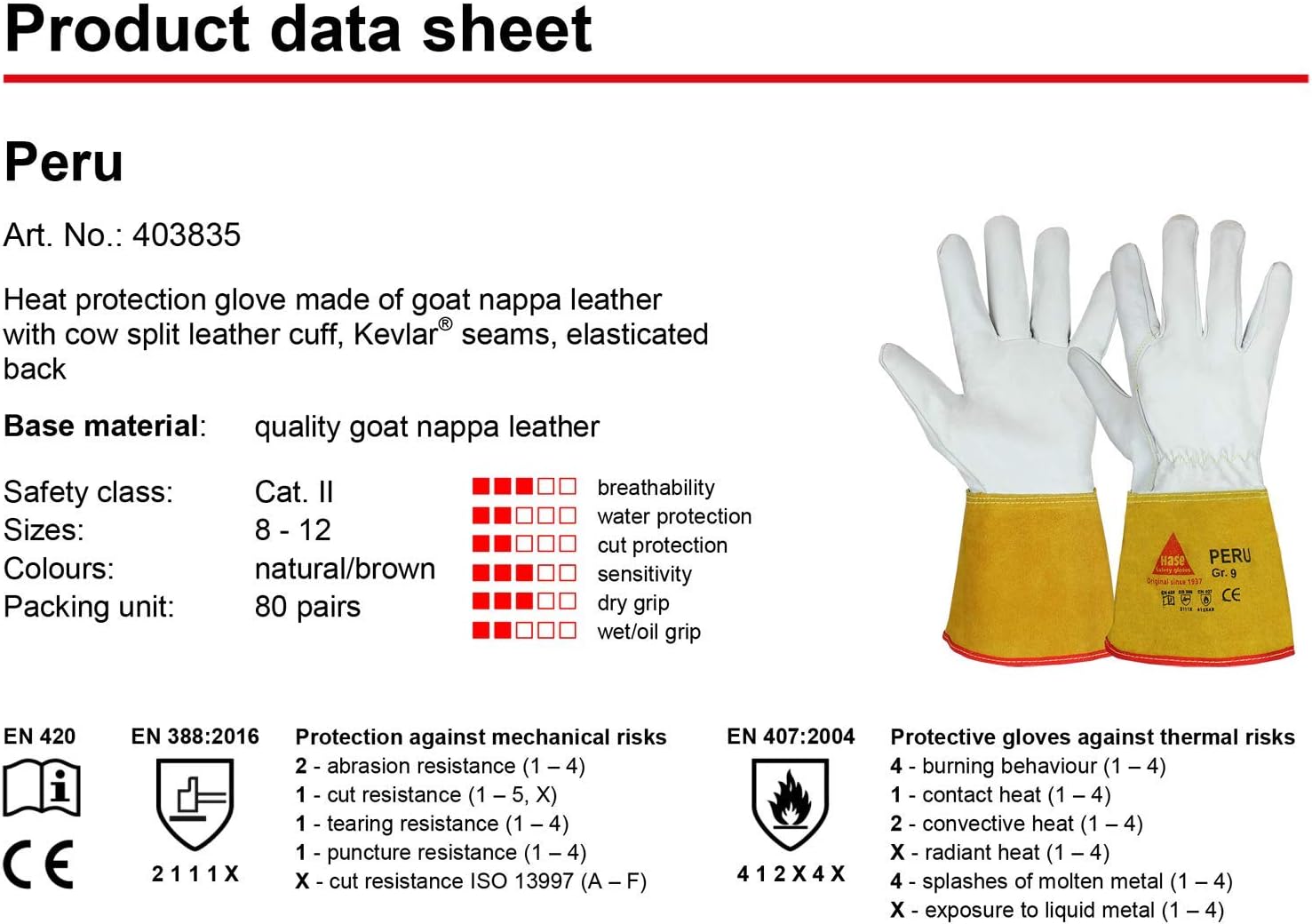 Hase Safety Peru Light Gloves for Welding and Solding, EN388, EN420