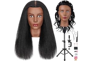 18'' Firstwon Mannequin Head Human Hair with 100% Real Hair Cosmetology Manikin Doll Head for Hair Styling Mannequin Head for Braiding with Table Clamp Stand and Tools(18Inch-Tripod)