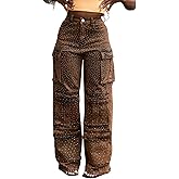 LETSVDO Women's Rhinestone Cargo Jeans Baggy High Waisted Wide Leg Sparkly Denim Pants Stretch Glitter Bling Trousers
