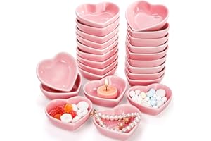 WUWEOT 24 Pack Pink Heart Shape Sauce Dish, 1.5 Oz Ceramic Side Bowl, 3 Inches Mini Appetizer Plates, Jewelry Ring Dish Tray,