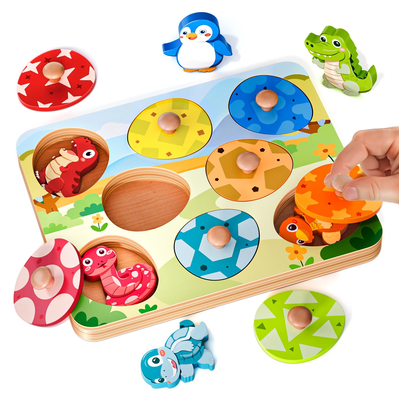 Animals Peg Puzzles Wooden Montessori Toys for 1 2 Year Old Boys Girls, Puzzles Easter Gifts Presents for 12-18 Months Baby, Educational Learning Toys for Kids Toddlers Age 1 2 3