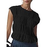 Ardrem Women Cap Sleeve Tiered Shirred Bubble Tops Cute Babydoll Blouse Solid Crew Neck Ruched Tee Shirts Smocked Tank Top
