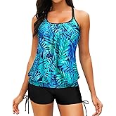 Yonique Womens Blouson Tankini Swimsuits Two Piece Strappy Bathing Suit Tops with Shorts Criss Cross Swimwear