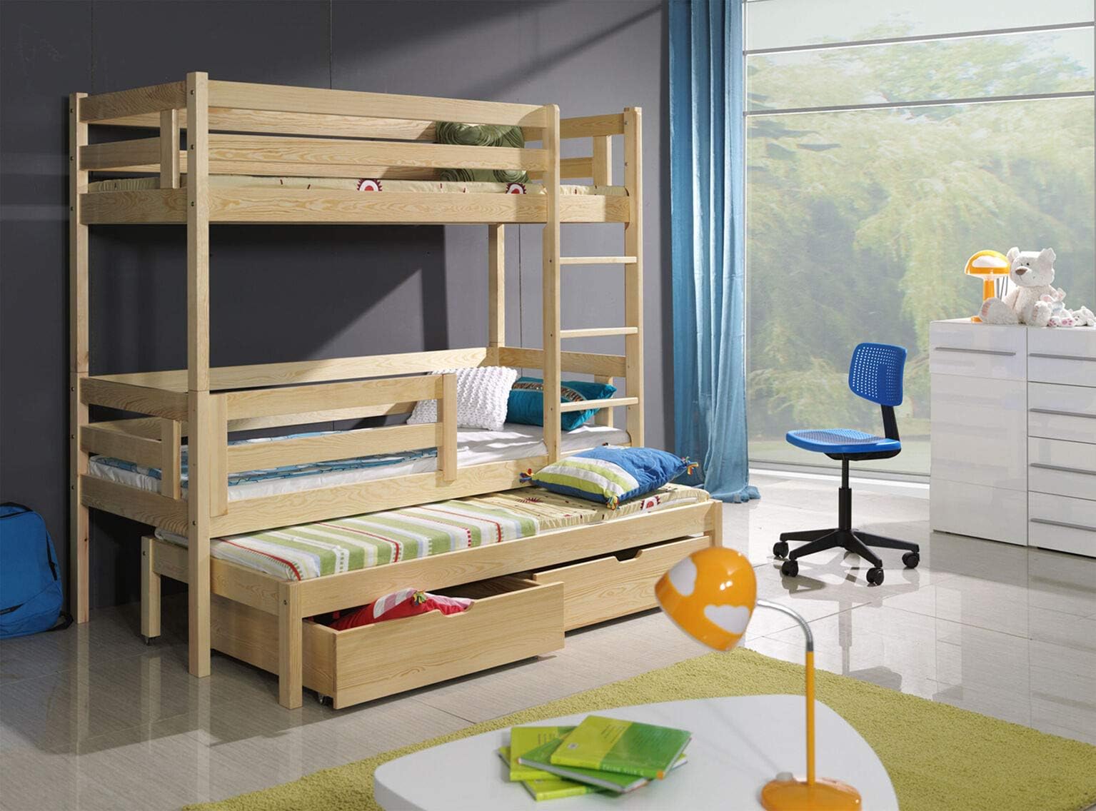 Bunk Beds Triple Pine Children Sleeper Modern Solid Wooden Trundle 2 Drawers Univesrsal Ladder Mattresses