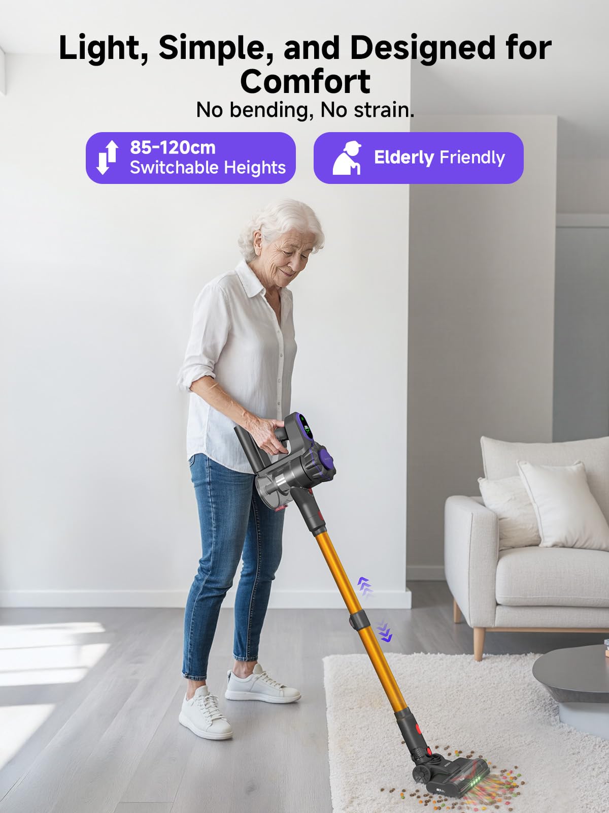 MV3 Cordless Vacuum Cleaner, 45KPa/550W/50Mins Stick Vacuum for Home, Anti-Tangled Vacuum Cleaner with Detachable Battery, LED Display, Lightweight Handheld Vacuum for Pet Hair/Carpet/Floor