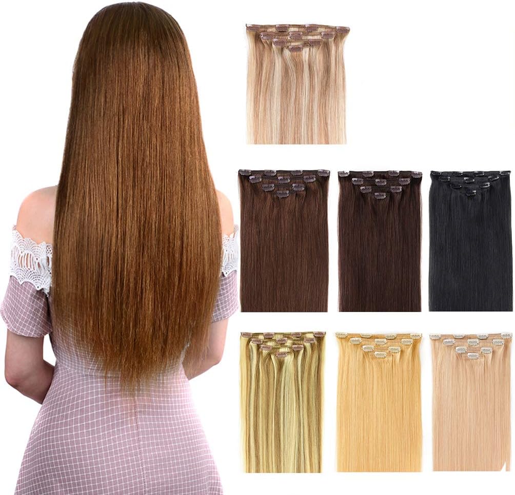 14" Clip in Hair Extensions Remy Human Hair for Women - Silky Straight Clip in Hair Extensions Human Hair 50grams 4pieces Chestnut Brown #8 Color