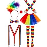 BOARDFEB 7 Pcs Clown Costume Set for Women Circus Outfit Feathers Headband Rainbow Tutu Skirt Gloves Socks Y Back Adjustable Suspender Bowtie Nose for Women Halloween Carnival Cosplay
