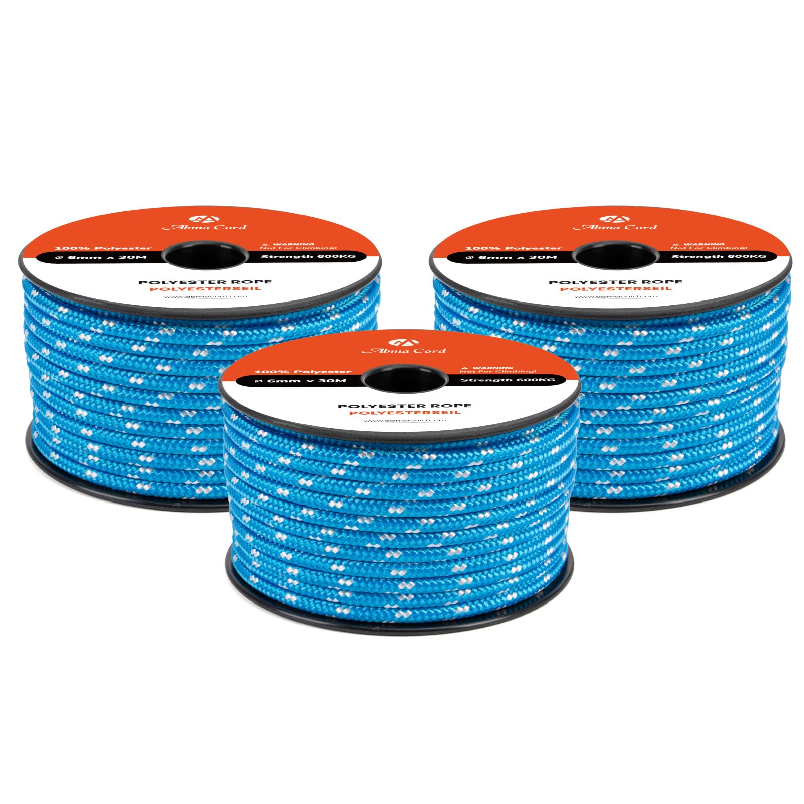 Abma Cord Polyester Cord 6mm x 30m Braid Polyester Rope, Blue/White - Heavy Duty & Low Stretch - High UV & Abrasion Resistance