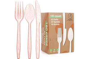 FULJOOY 180Pcs Clear Rose Gold Plastic Silverware Heavy Duty Plastic Cutlery Set Heavyweight Disposable Flatware Includes Spoon Fork Knives Cutlery Set for Wedding Birthday Party Supplies Everyday Use