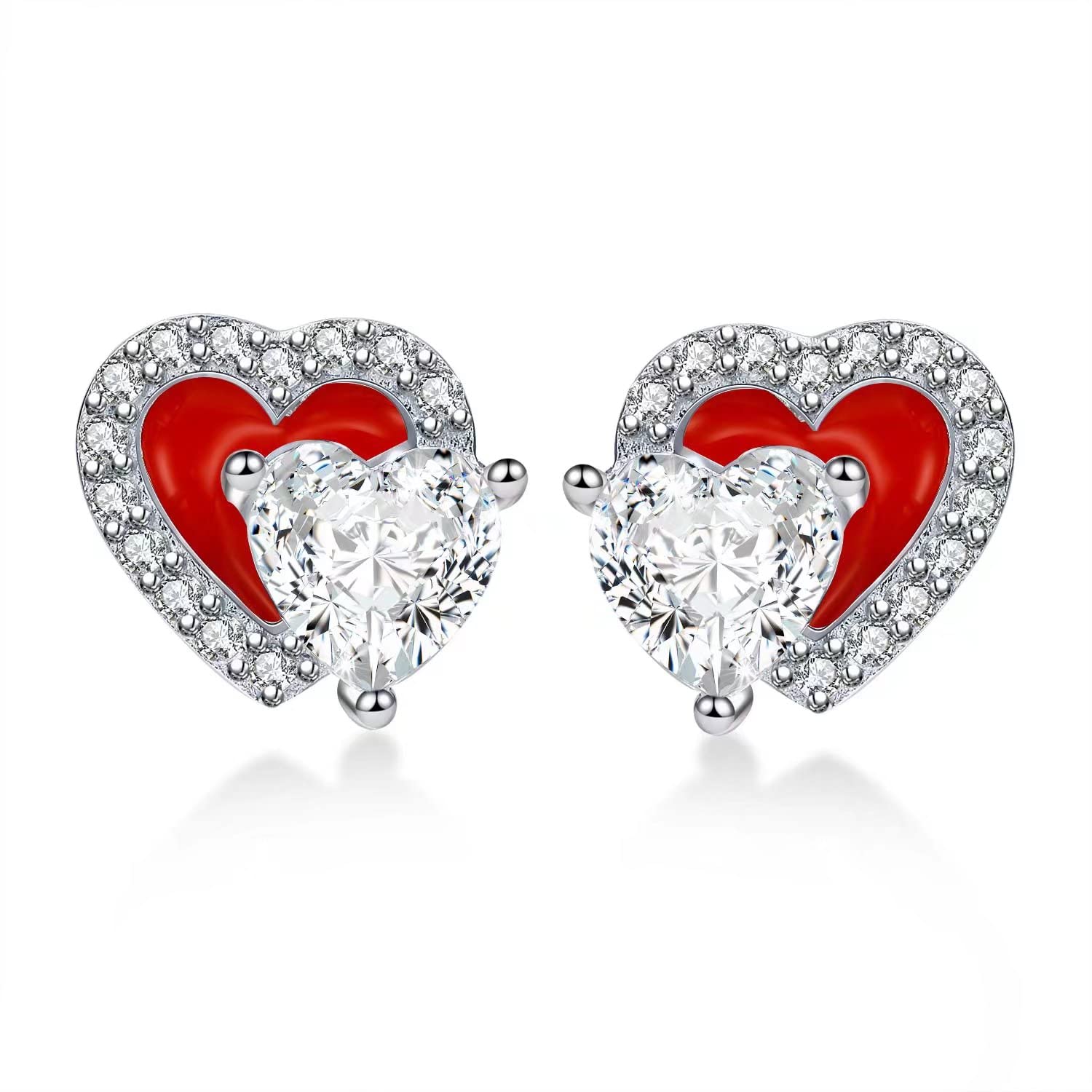 Qings April Diamond Birthstone Stud Earrings Sparkling Moissanite Cubic Zirconia 925 Sterling Silver Platinum Plated Red Enamel Double Heart Present for Mother Mom