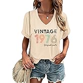 Chulianyouhuo Vintage 1976 T Shirts for Women 50th Birthday Gifts Letter Print Retro Party Tops Casual V Neck Tee Tshirts