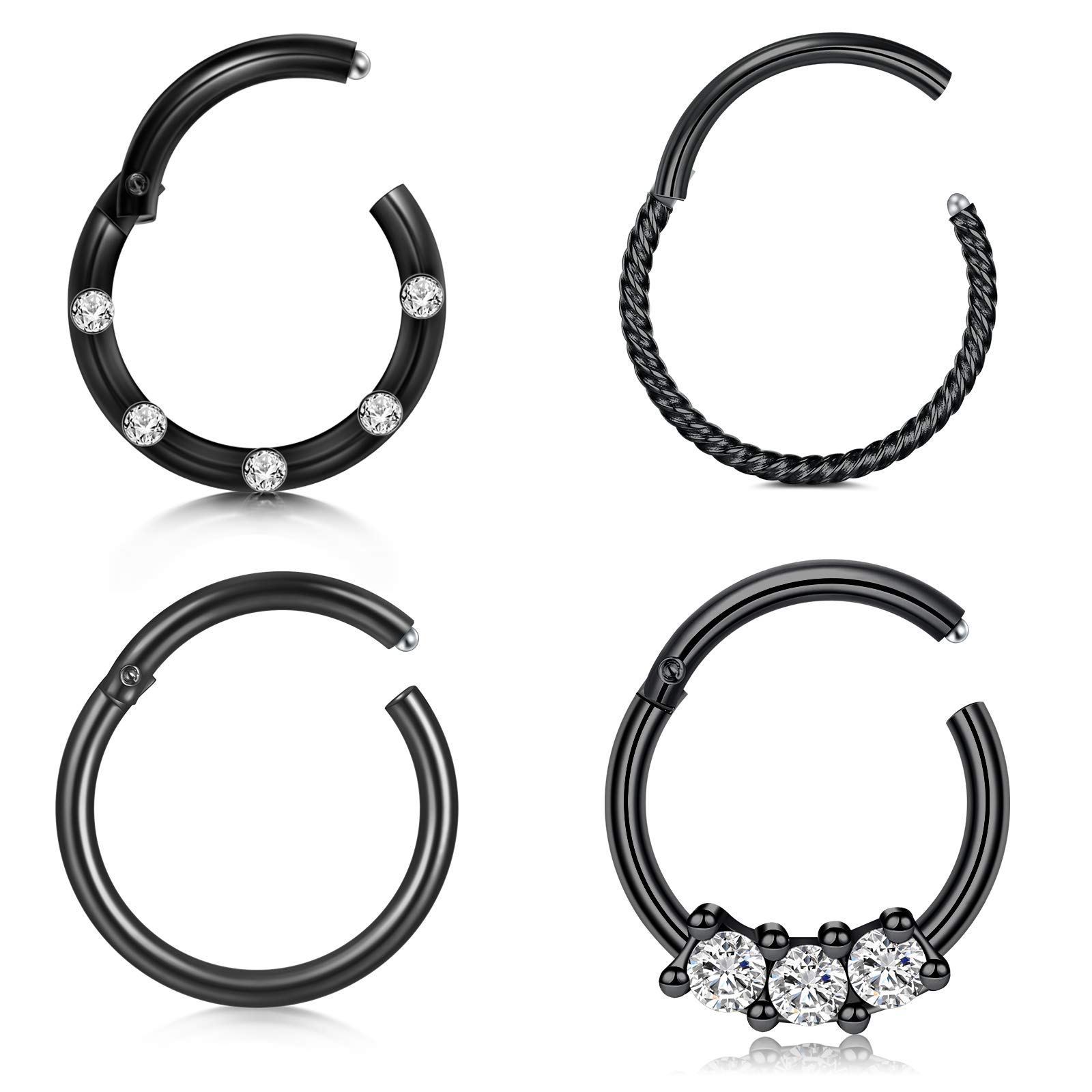 Longita 4 PCS 18G Stainless Steel Hinged Clicker Segment Septum Lip Nose Hoop Ring for Women Men Daith Helix Cartilage Earrings Piercing Jewellery 8MM-Black