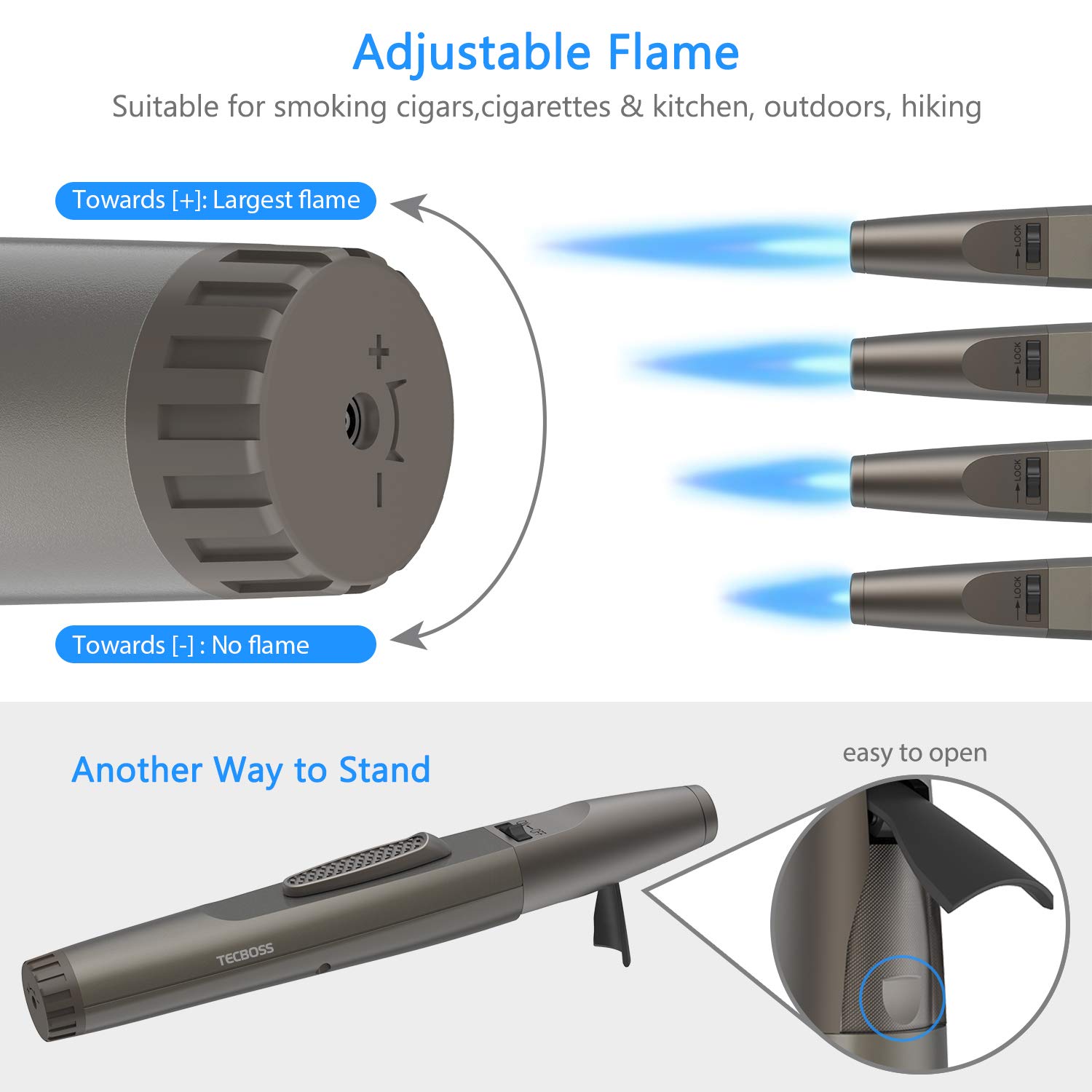 Torch Lighter, Tecboss Lighter Adjustable Jet Flame Portable Refillable Butane Lighters for Camping Cooking BBQs Fireworks, Metal Casing, Gift Box (Gas Not Included)