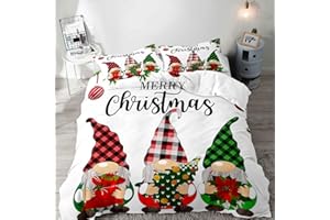 LUVIVIHOME 3PCS Christmas Gnome Duvet Cover Queen Bedding Set, White Duvet Cover, Boys Girls Kids Bedding, Holiday Xmas Gifts Black Green Red Buffalo Plaid Comforter Cover, Bed in a Bag 2 Pillow Shams
