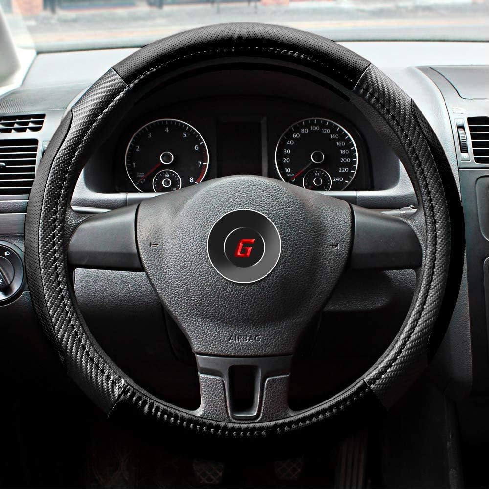 GAMPRO Microfiber Auto Car Steering Wheel Cover Black Red Color Leather Steering Wheel Cover Warm Comfortable Anti-Slip Embossing Pattern Durable No Smell Diameter of 14 1/2 to 15 inch (Black)