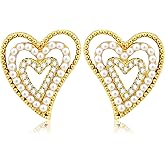14K Gold Plated Heart Studs Earrings for Women with Tiny Pearl and Cubic Zirconia Love Earrings for Gift