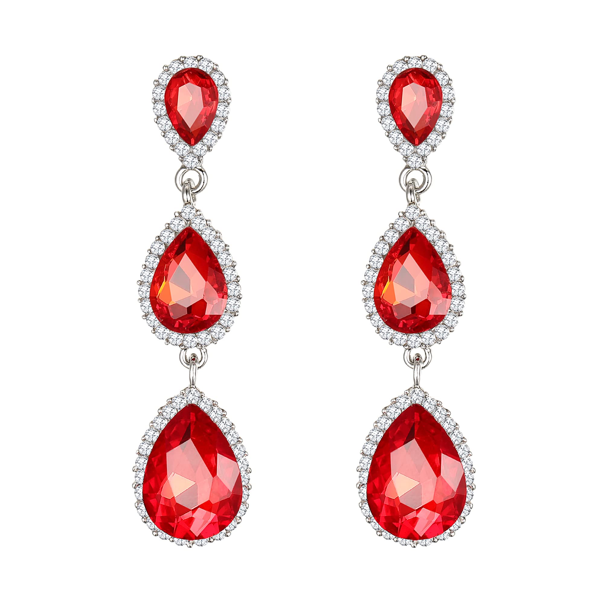 Clearine Women's Gorgeous Teardrop Crystal Long Drop Dangle Pierced Earrings for Wedding Prom Party Ruby Silver-Tone