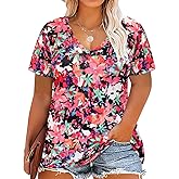 CARCOS Womens Plus Size Tops Basic Summer Shirts Short Sleeve V Neck Tunics Casual T-Shirt Loose Fits XL-5XL