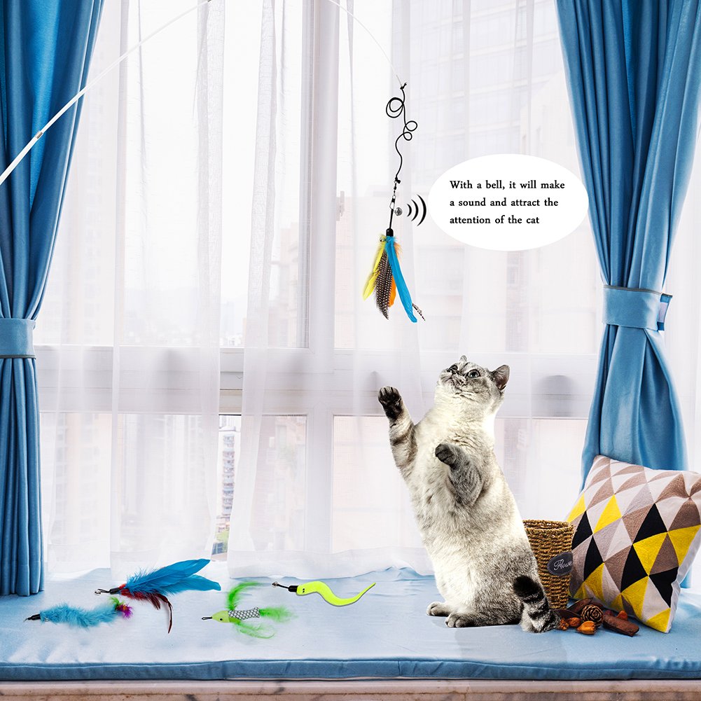 Cat Wand, Interactive Cat Toys Retractable Wand, Cat Feather Toy, Kitten Toys, 1 PCS Yellow Caterpillar Toy, 4 PCS Replacement Natural Feathers Toys, 1 PCS Carbon Fiber Telescopic Cat Teaser Wand