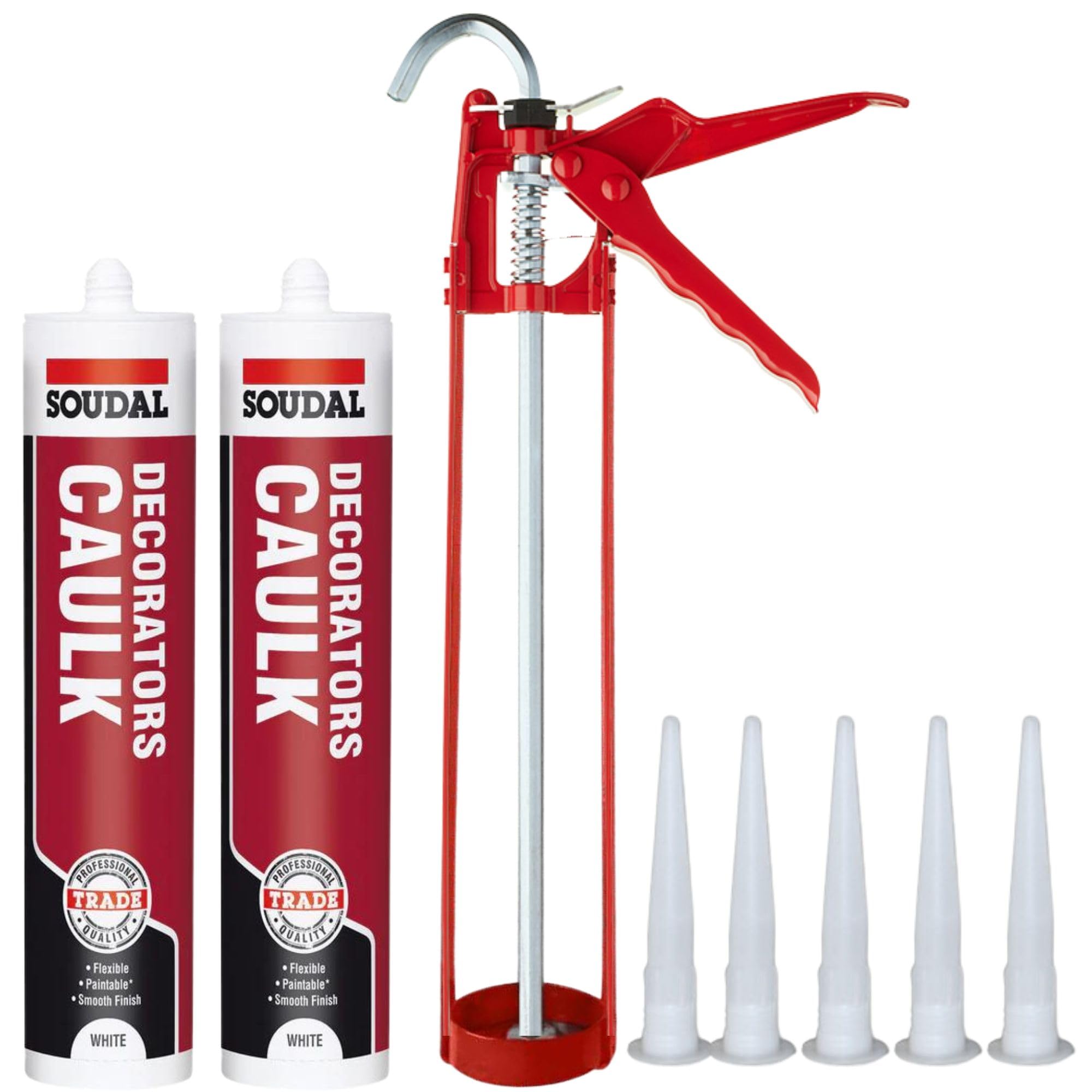 Decorators Caulk White Set - Bundle With 2x Soudal White Caulk Gap And Crack Cartridge, Silicone Gun And 5 Spare Silicone Nozzles - Fast Drying That Fills Cracks and Gaps