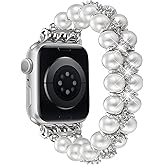DEALELE Bands Pearl Compatible with Apple Watch 49mm/46mm/42mm/45mm/41mm/44mm/40mm/38mm, Bling Diamond Pearl Beads Handmade Elastic Bracelet for iWatch 10 9 8 7 6 5 4 3 SE Ultra Women