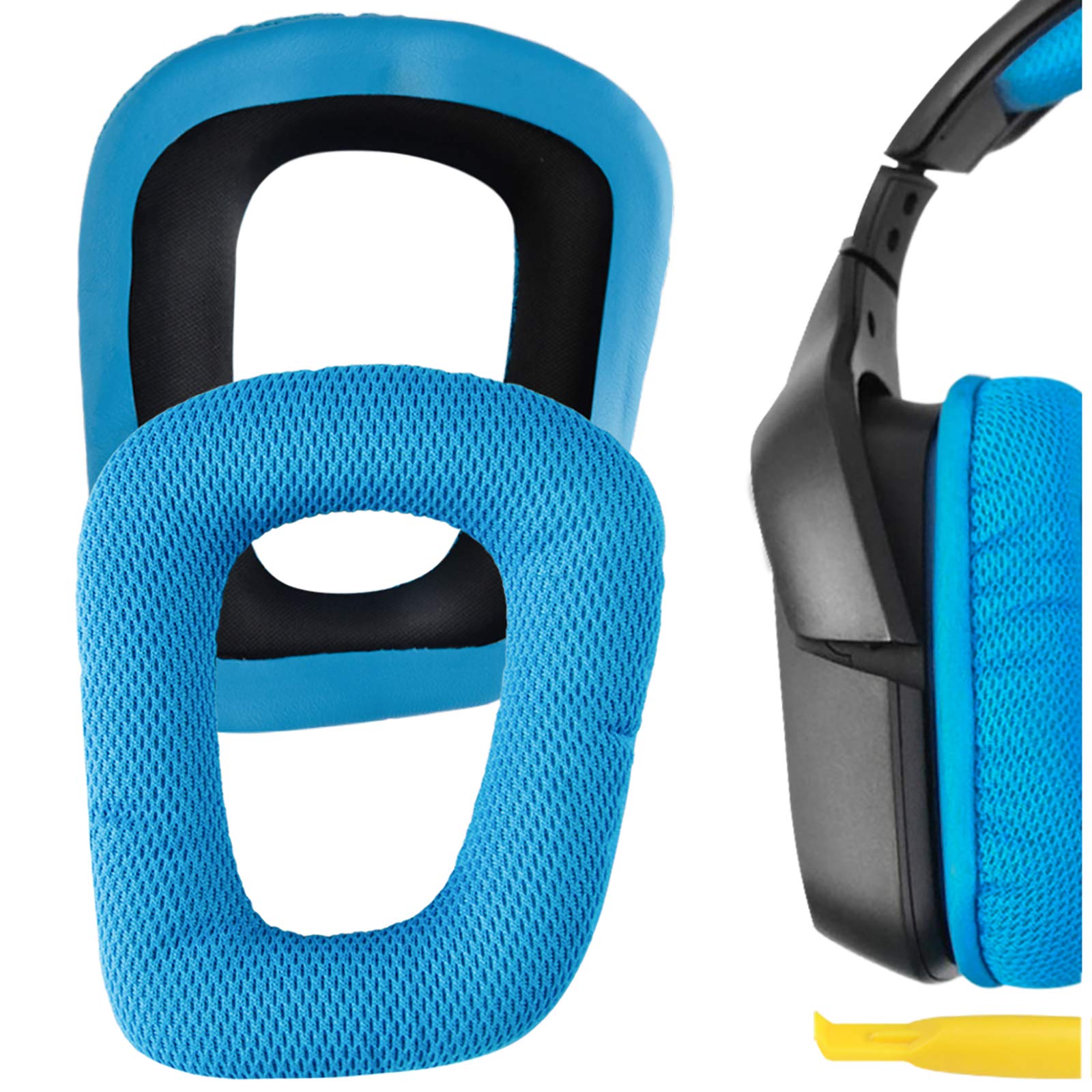 Geekria Mesh Fabric Replacement Ear Pads for Logitech G930, G430, G432, G332, G35, F450 Headphones Ear Cushions, Repair Parts with Video Guide (Blue)