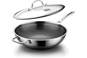 Wok Pan 30cm, (12") Wok with Lid, Non Stick Stainless Steel Woks & Stir-Fry Pans Nonstick, Dishwasher and Oven Safe, Works on