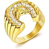LAIMIUMIU33 CZ U-Shape Horseshoe Ring for men Lucky Horse Head Ring Radiant Diamond Bling Biker 316 Stainless Steel Rings Iced Out Jewelry Punk Ring Hip Hop Heavy Metal Ring Vintage Animal rings mens fashion rings